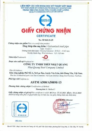 chứng nhận chất lượng ống thép mạ kẽm