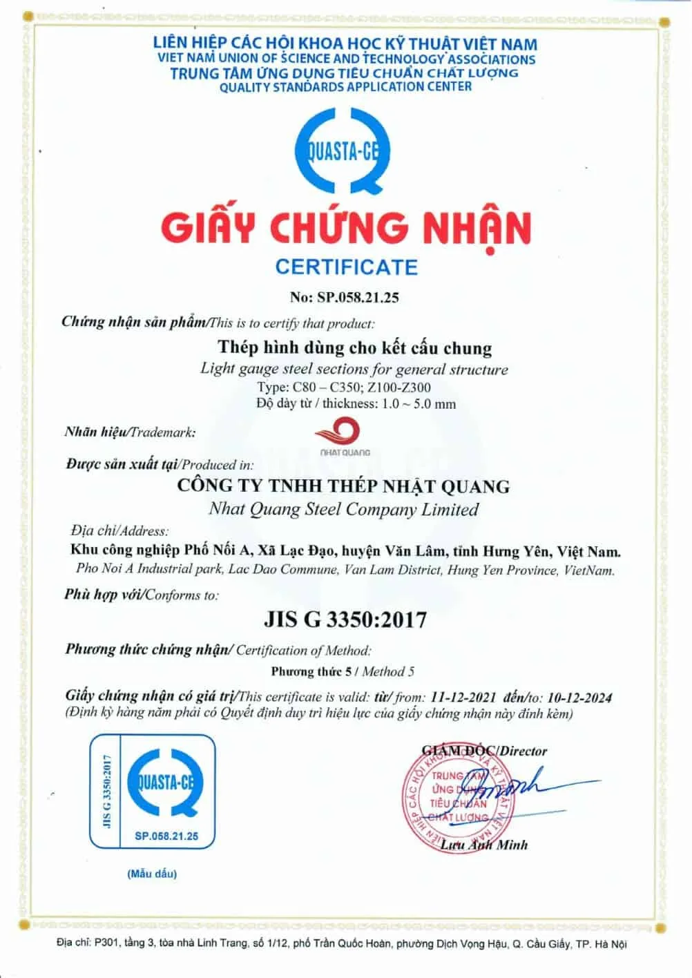 Chứng nhận chất lượng Xà Gồ Nhật Quang