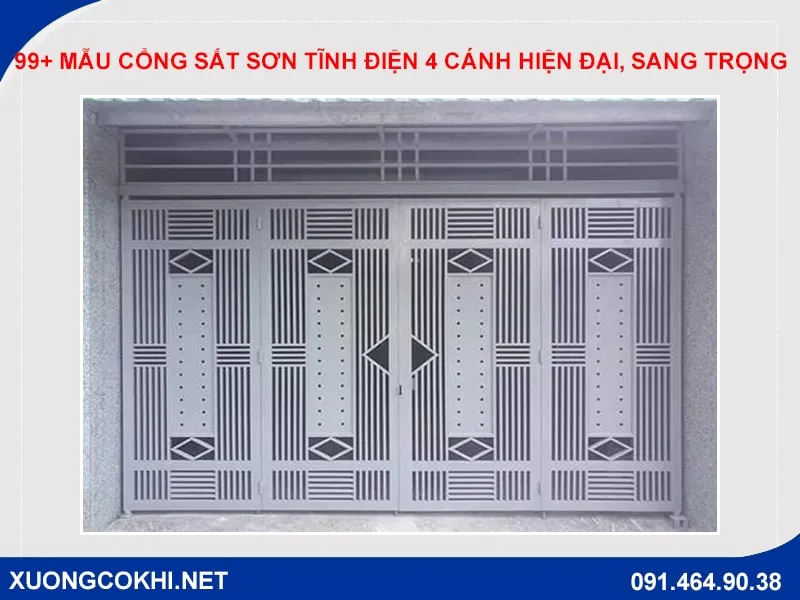 Mẫu cổng sắt hộp 4 cánh nan ngang kín đáo