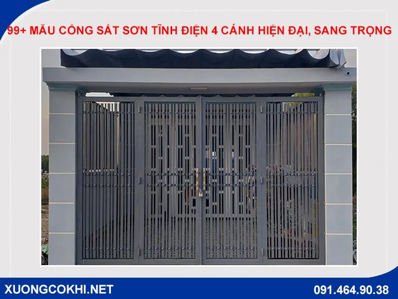 Mẫu cổng sắt hộp 4 cánh màu trắng sứ tinh tế