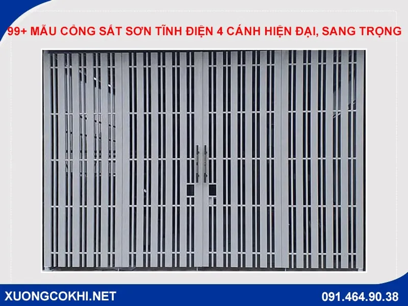 Cổng sắt hộp 4 cánh thiết kế cách điệu sơn tĩnh điện màu nâu