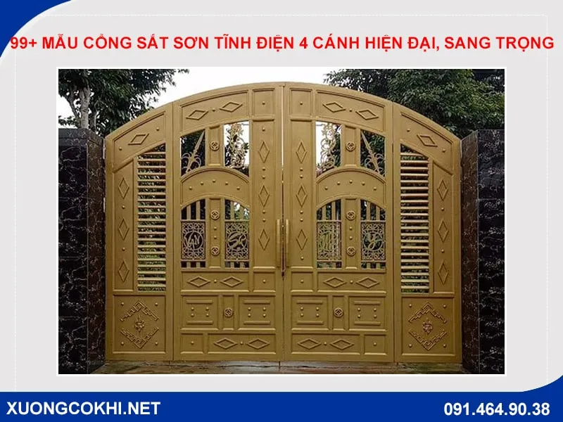 Mẫu cổng sắt hộp 4 cánh hiện đại sơn màu xám đậm