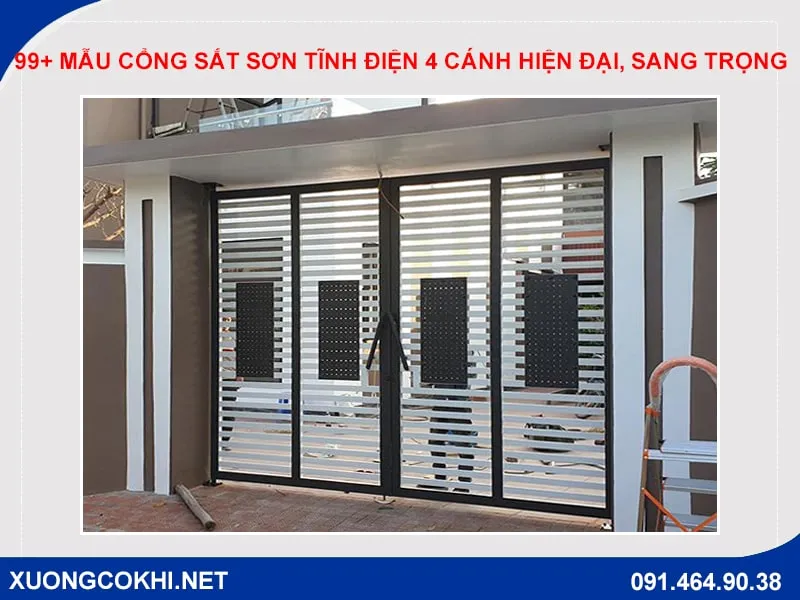 Cổng sắt hộp 4 cánh sơn tĩnh điện màu đen mờ