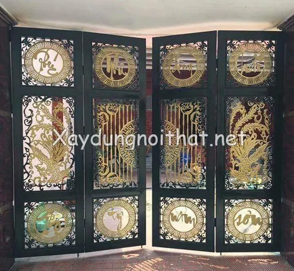 Cửa cổng sắt CNC 4 cánh với họa tiết trống đồng và cá chép