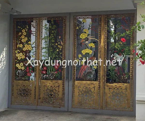 Cửa cổng sắt CNC 4 cánh họa tiết hoa lá