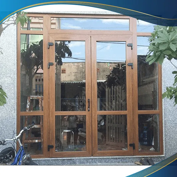 Cửa nhựa lõi thép màu gỗ 2 cánh kết hợp kính cố định 2 bên