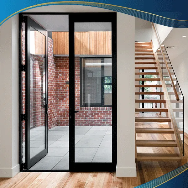 Cửa đi nhựa uPVC 2 cánh màu đen mở quay ngoài được dùng nhiều ở các công trình nhà ở, nhà hàng, văn phòng