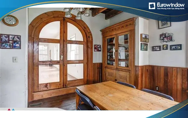 Cửa nhựa lõi thép vân gỗ mái vòm 2 cánh