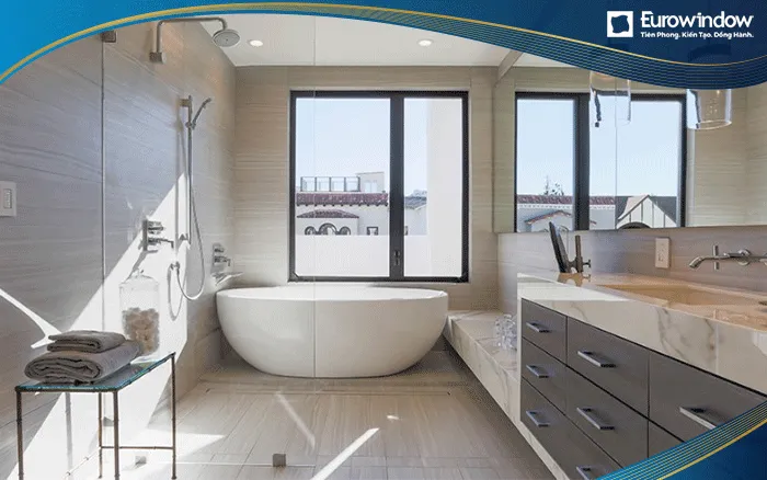 Cửa sổ nhựa lõi thép 2 cánh 1 cánh to, 1 cánh nhỏ lắp tại nhà vệ sinh