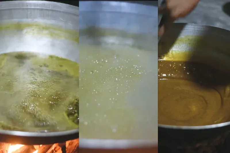 Quá trình cô đặc nước mía trên bếp, chuyển màu cánh gián
