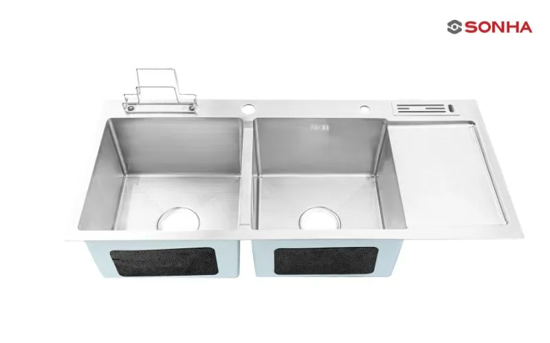 Chậu rửa chén inox 2 hố 1 bàn HM.X.2C.100.2.3 đa năng cho bếp rộng