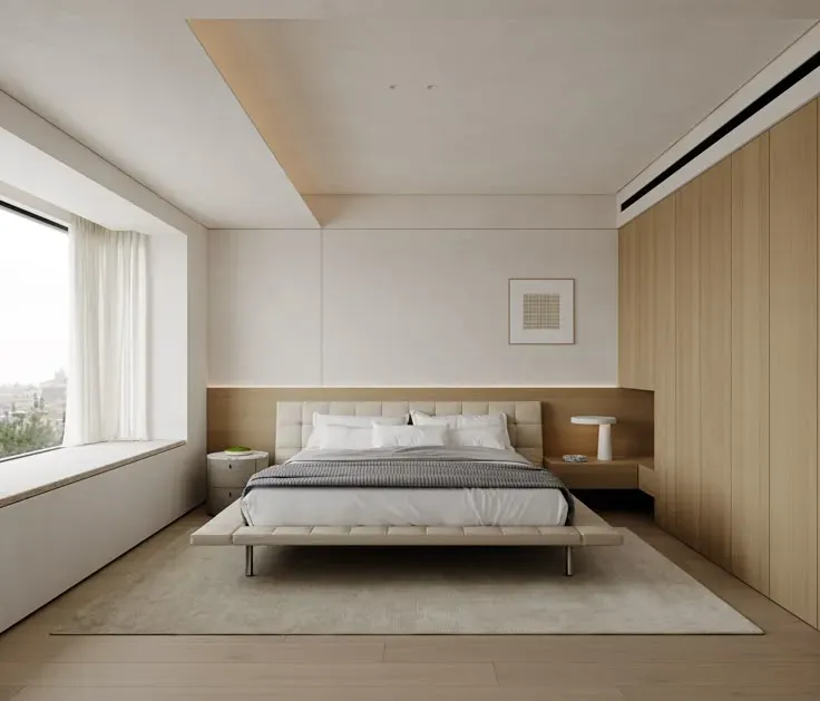 Góc chụp tổng thể của một chiếc giường gỗ công nghiệp, thể hiện sự tối giản và tiện nghi