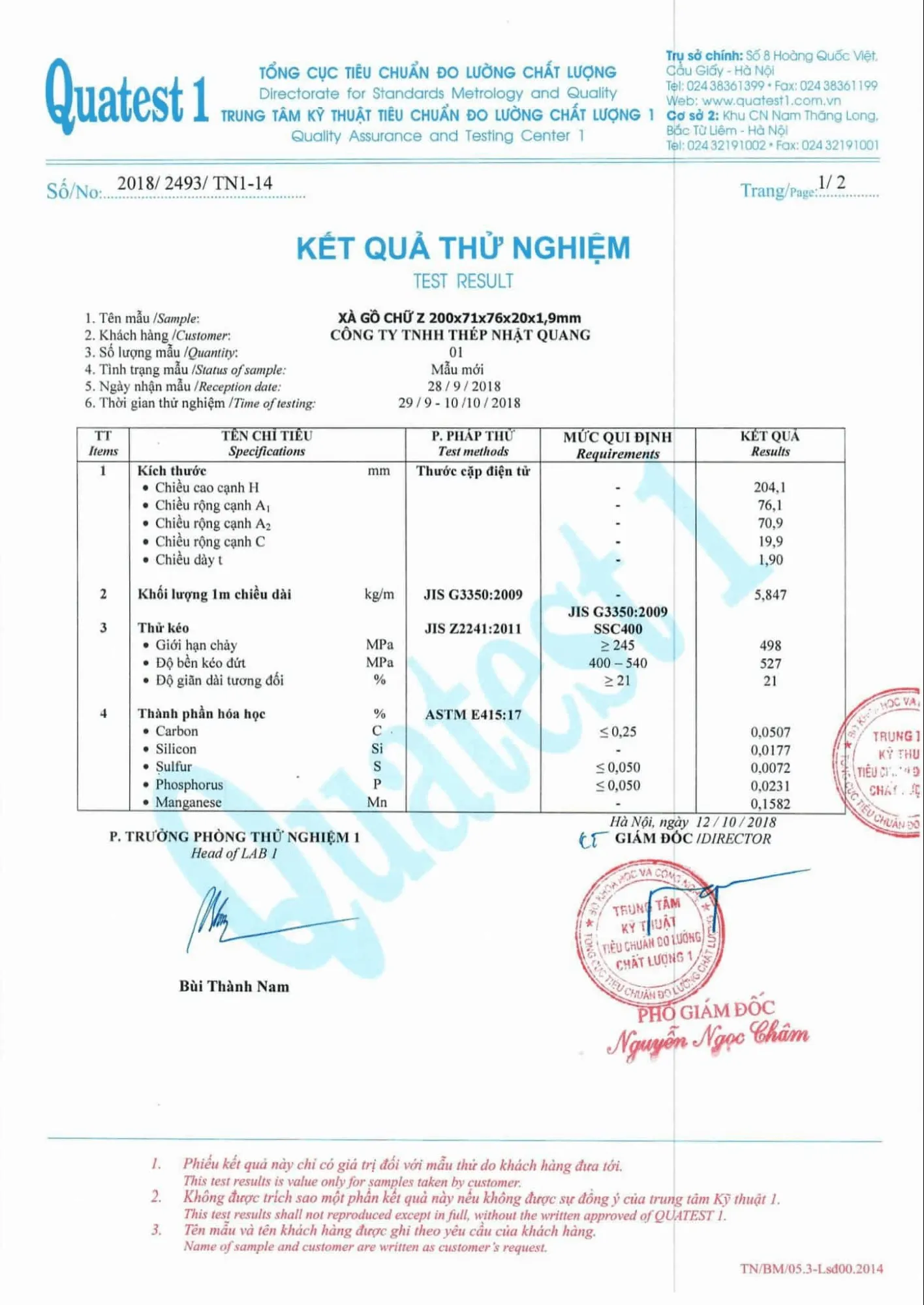 Kết quả thử nghiệm chất lượng mẫu Xà gồ chữ C 200x75x75x20x1,9 mm