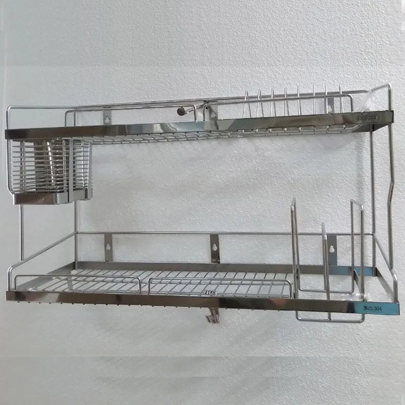 Cận cảnh các ngăn chứa của kệ úp chén inox 304 2 tầng treo tường
