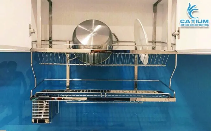 Kệ úp chén inox 304 2 tầng treo tường dài 60cm