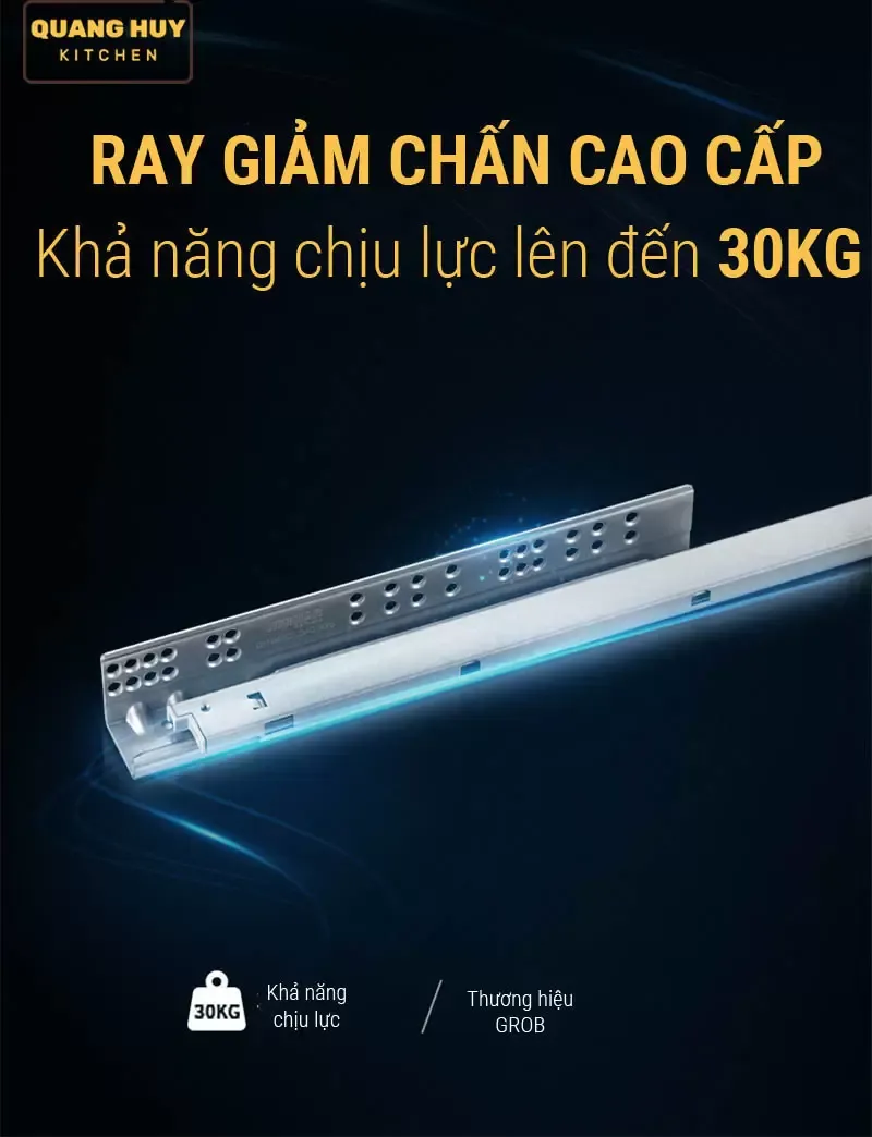Ray giảm chấn cao cấp với khả năng chịu lực lên đến 30kg. Giúp kệ úp chén đóng mở nhẹ nhàng