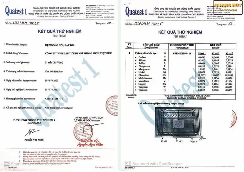 Giấy chứng nhận kệ úp chén chuẩn inox 304 của tổng cục tiêu chuẩn đo lường chất lượng kiểm định