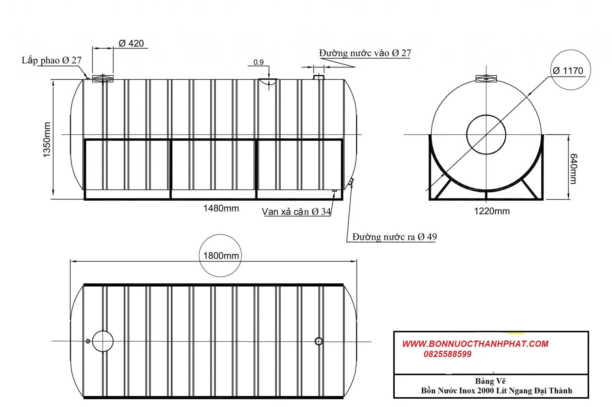Bồn nước inox Đại Thành 2000 lít nằm ngang