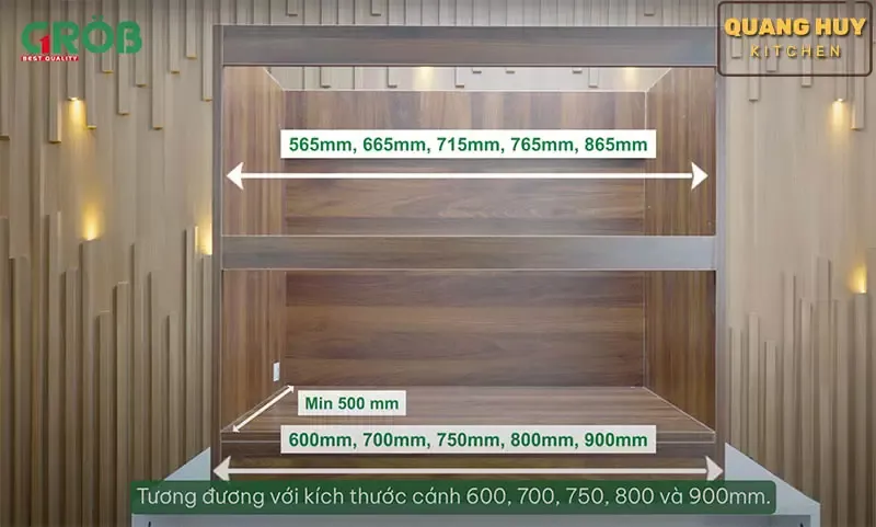 Minh họa kích thước lọt lòng tủ bếp và vị trí lắp giá úp bát