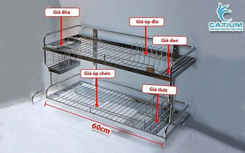 Kích thước kệ chén 2 tầng treo tường inox dài 60cm