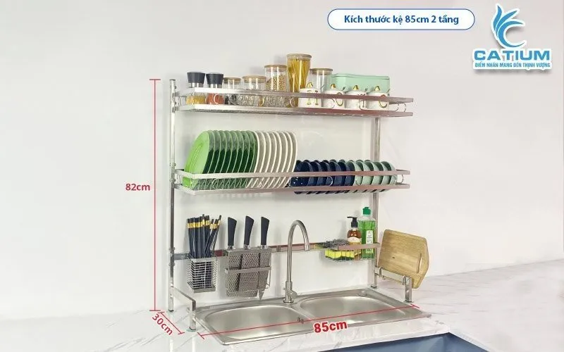 Kệ úp chén inox 304 2 tầng dài 85cm phù hợp để trên chậu rửa 2 bồn