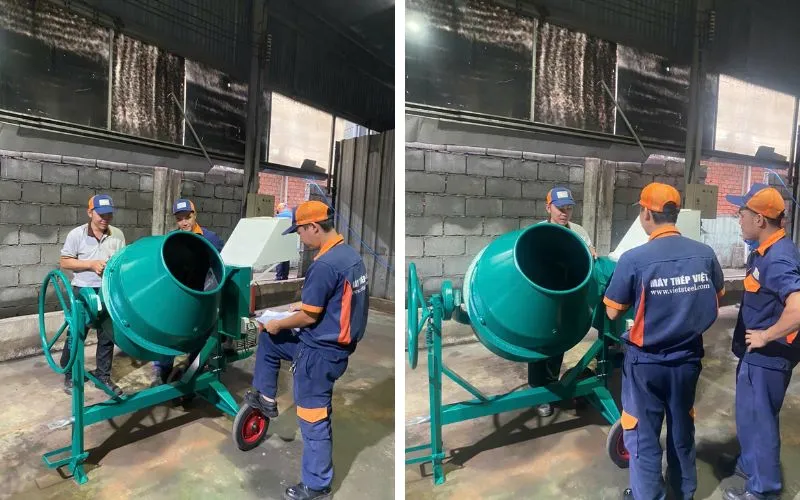 Kỹ thuật viên Hải Minh hướng dẫn vận hành máy trộn bê tông HM F250 cho khách hàng tại công trường