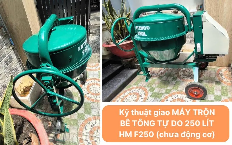 Máy trộn bê tông 250 lít HM F250 với thiết kế khung thép chắc chắn và bánh xe di động