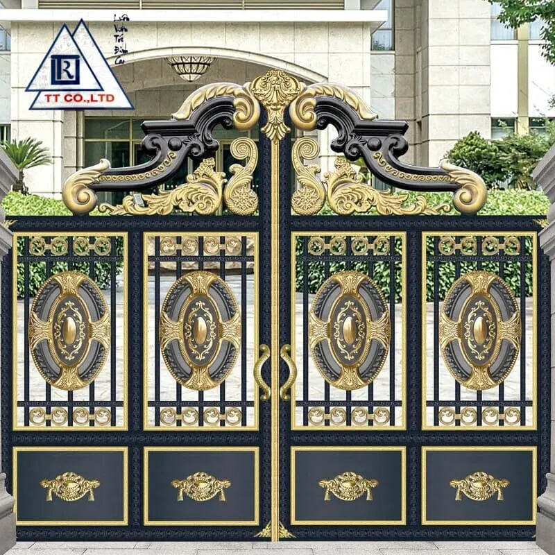 Mẫu cổng inox 4 cánh hiện đại với sự kết hợp màu vàng và đen
