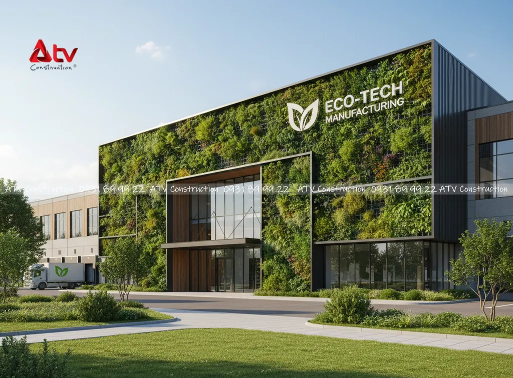 mặt tiền nhà xưởng đẹp xanh