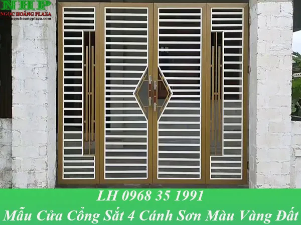Mẫu cửa cổng sắt hộp 4 cánh sơn màu vàng đất