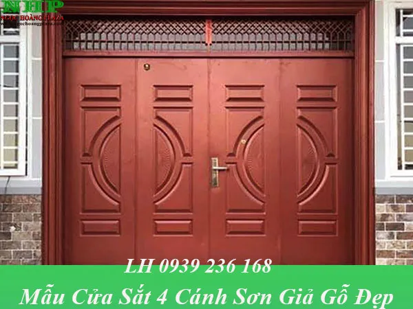 Mẫu cửa thép 4 cánh sơn vân gỗ đẹp, thiết kế tôn kín