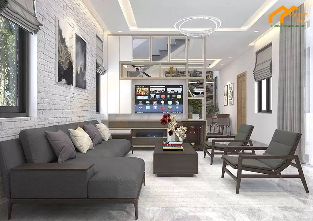 Vách ngăn phòng khách và bếp bằng bê tông kết hợp kệ trang trí