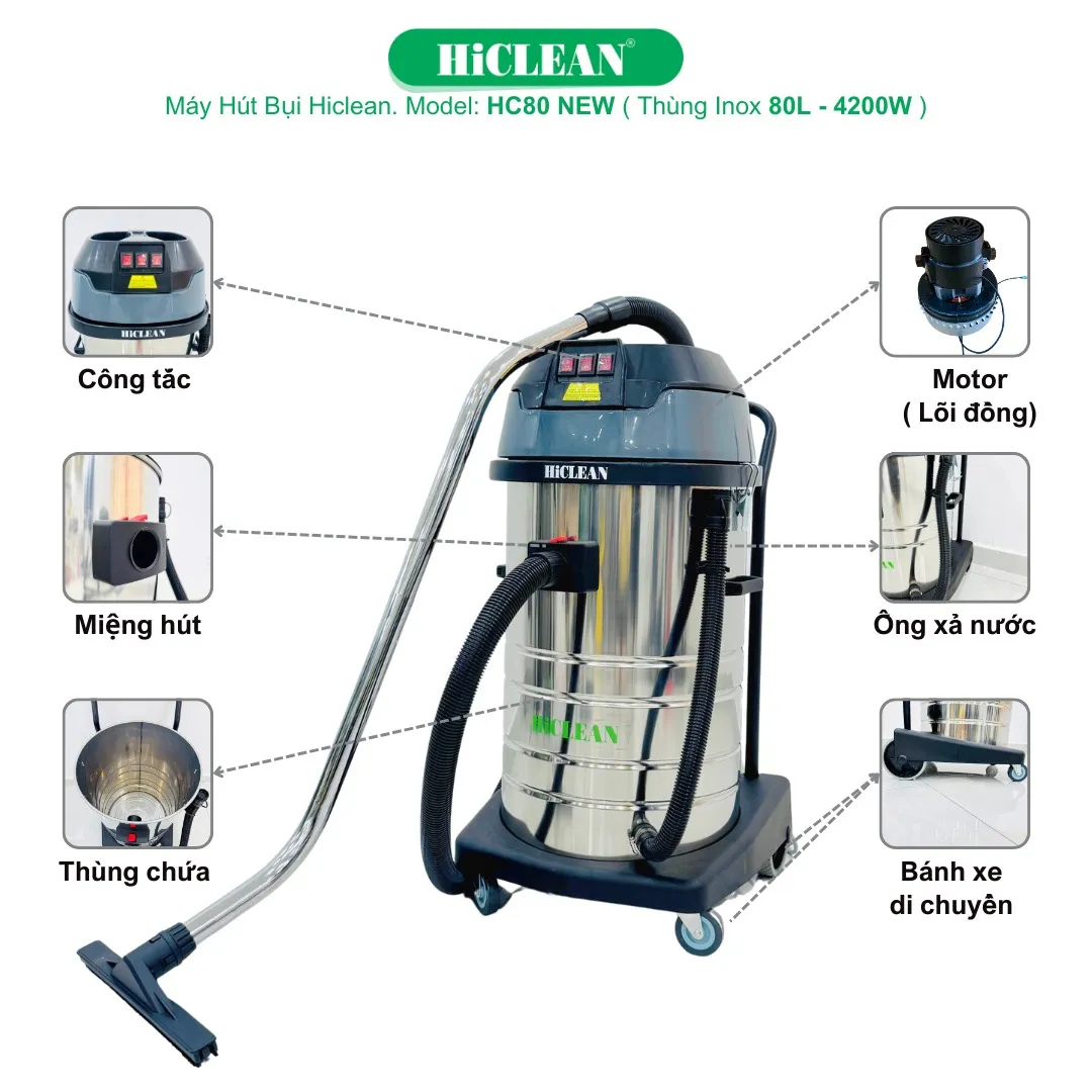 Máy hút bụi công nghiệp HiClean HC80 NEW với thùng chứa inox 80L