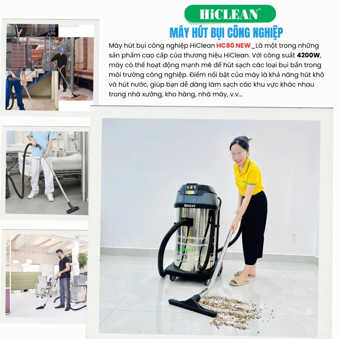 Thiết kế bánh xe và tay cầm di động trên máy hút bụi nhà xưởng HC80 NEW