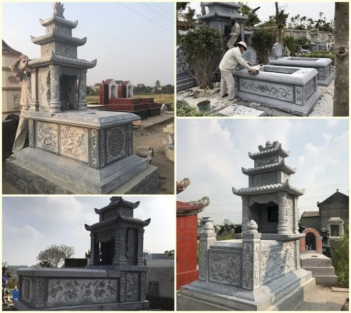 Mô tả: Cận cảnh một ngôi mộ bê tông đúc sẵn với hoa văn tinh xảo