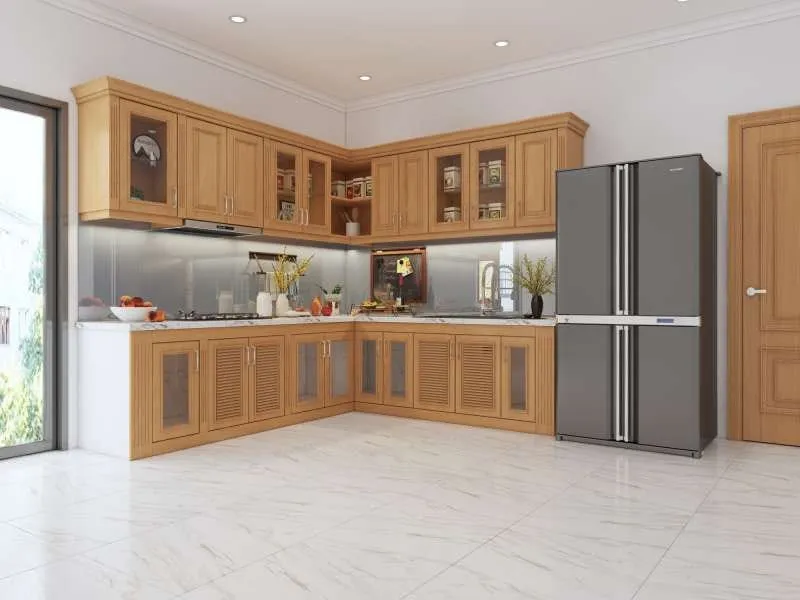 Tủ bếp gỗ tự nhiên với vân gỗ đẹp tự nhiên