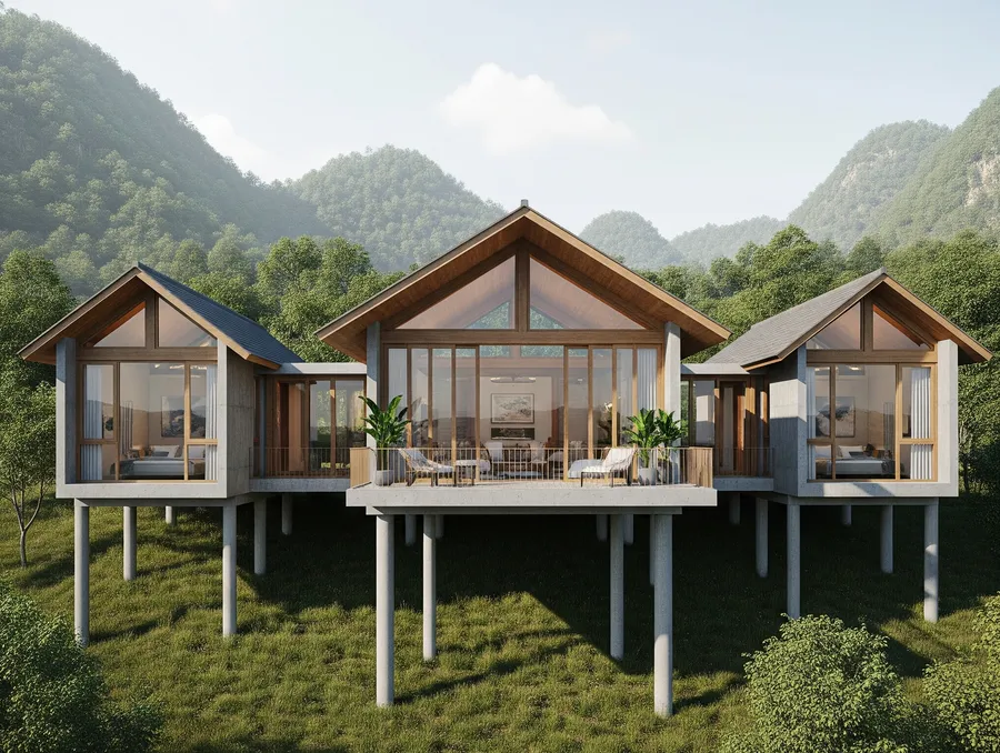 Nhà sàn bê tông 1 gian 2 chái đẹp, đơn giản, tiện nghi