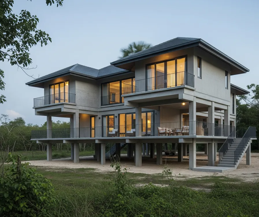 Nhà sàn bê tông 2 tầng mái Nhật, phù hợp vùng nông thôn hiện đại