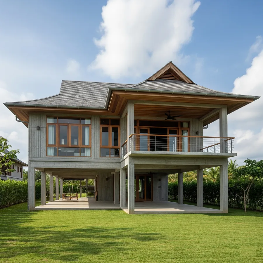 Nhà sàn bê tông 2 tầng kiểu truyền thống, bền bỉ theo năm tháng