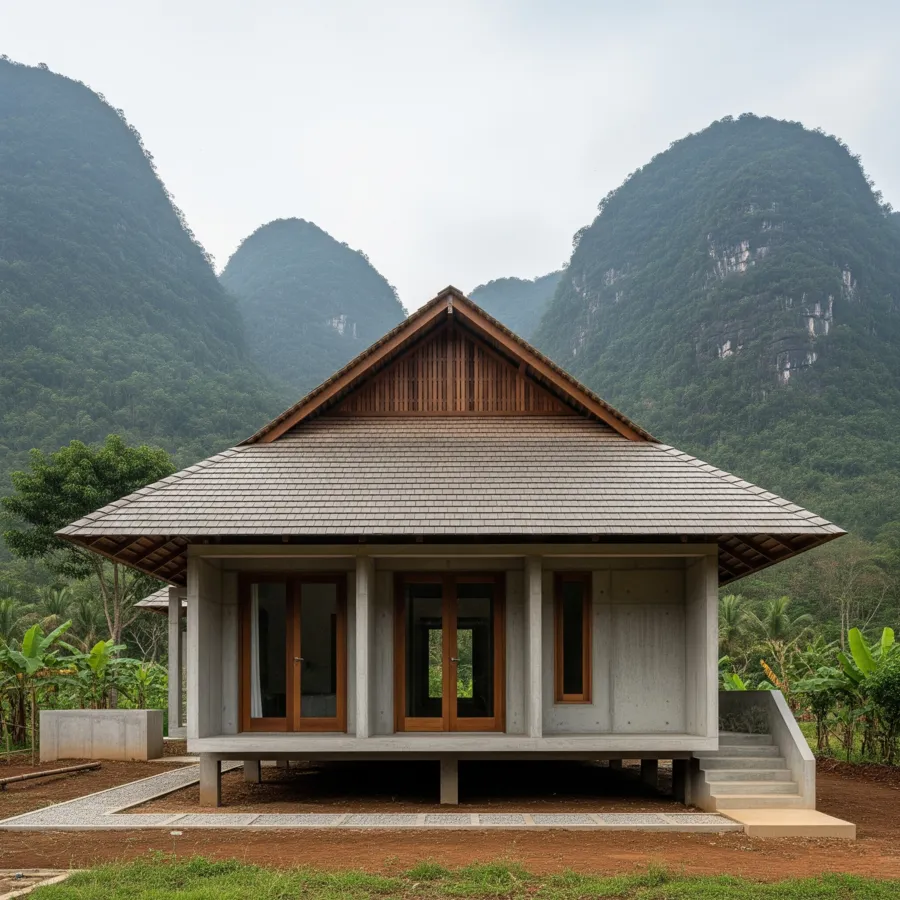 Nhà sàn bê tông 3 gian vững chãi, thiết kế tối giản mà cuốn hút