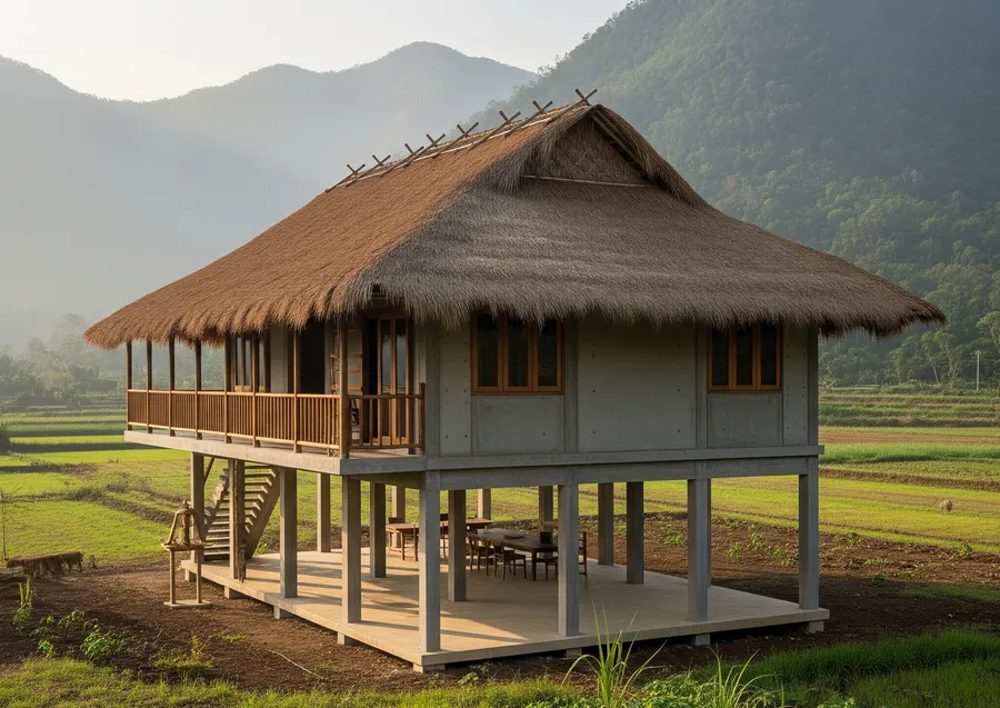 Nhà sàn bê tông 300 triệu phong cách mộc mạc, thoáng đãng, tiện nghi