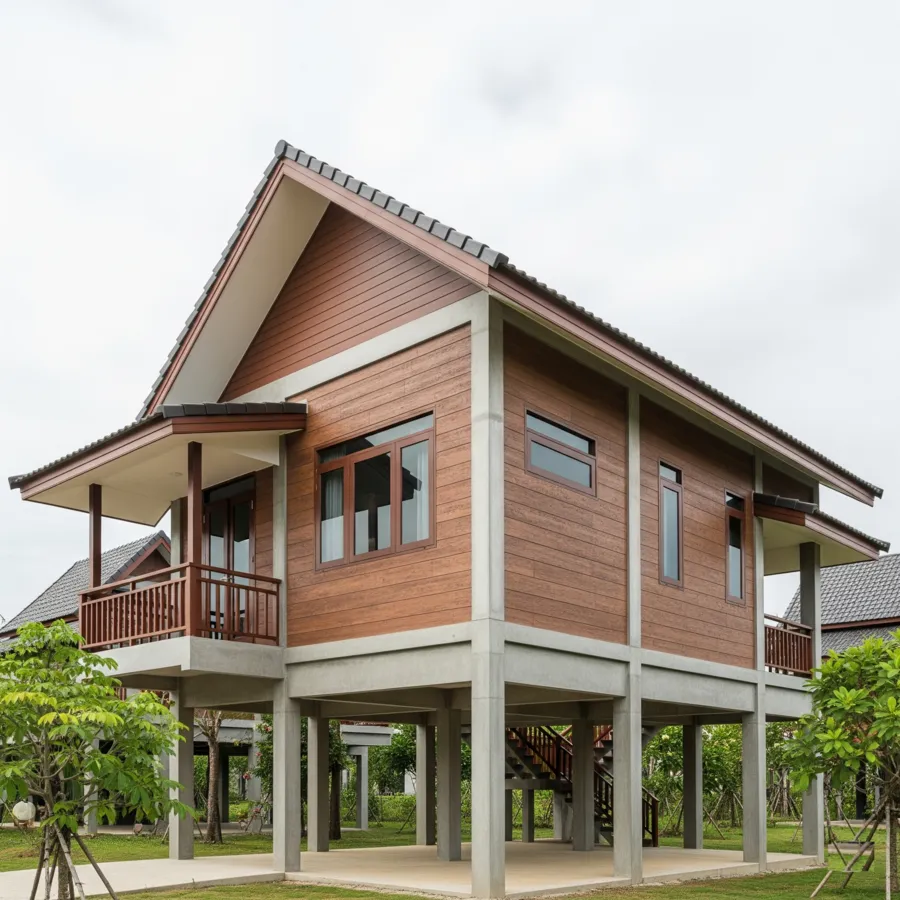 Nhà sàn bê tông giả gỗ đẹp, hiện đại, mộc mạc