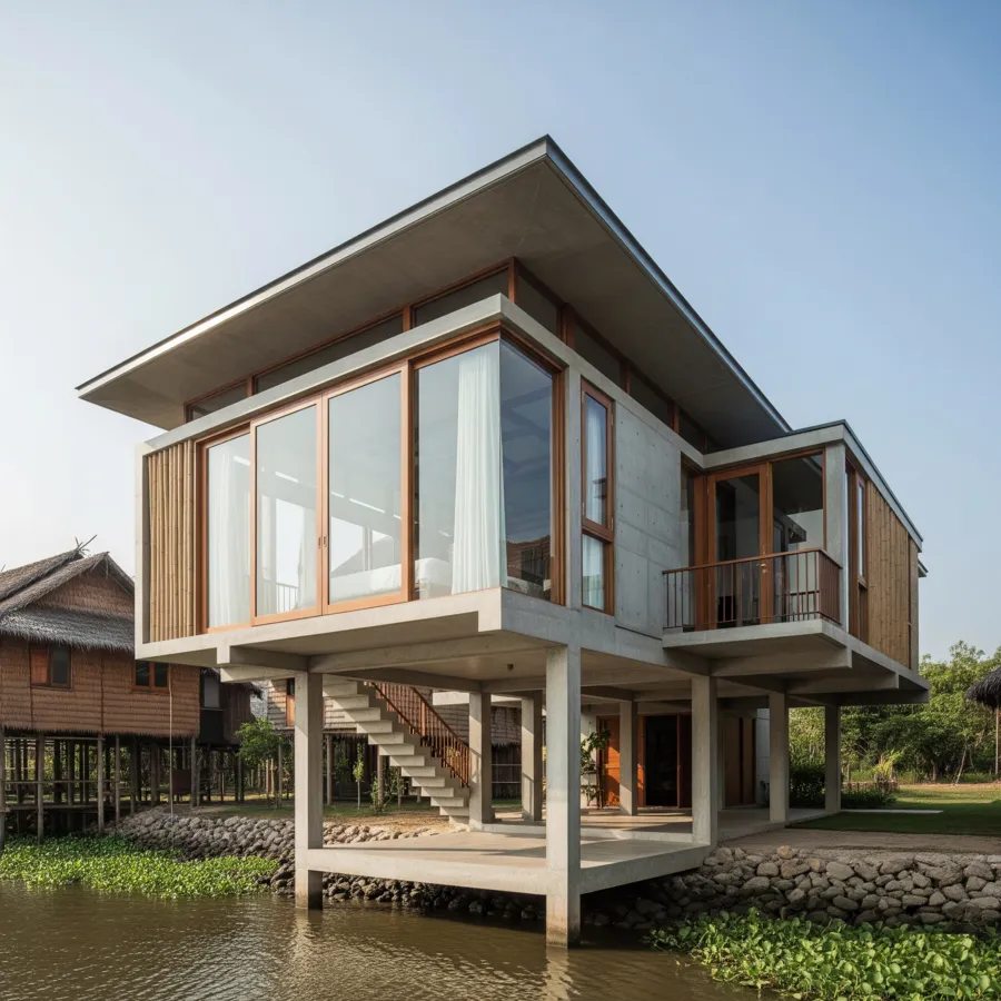 Mẫu nhà sàn bê tông hiện đại, thiết kế hài hoà, thẩm mỹ