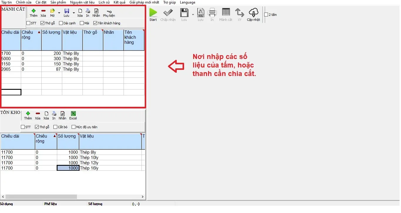 Nhập số liệu mảnh cần cắt vào phần mềm cắt thép