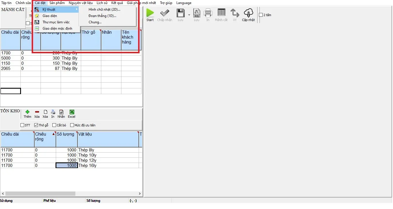 Nơi cài đặt các thông số và hiển thị cần thiết khi chia cắt