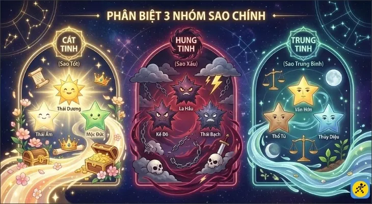Hệ thống Cửu Diệu được chia thành 3 nhóm với mức độ ảnh hưởng tốt-xấu khác nhau