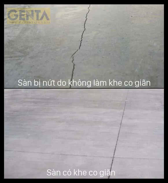 So sánh sàn bê tông bị nứt khi không có khe co giãn và sàn bê tông đặt khe