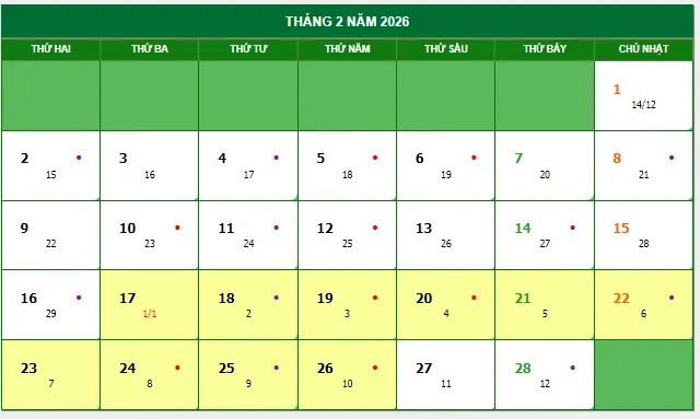Lịch âm tháng 1 năm Bính Ngọ 2026, từ 01/01 đến 30/01 âm lịch, tương ứng 17/02–18/03 dương lịch