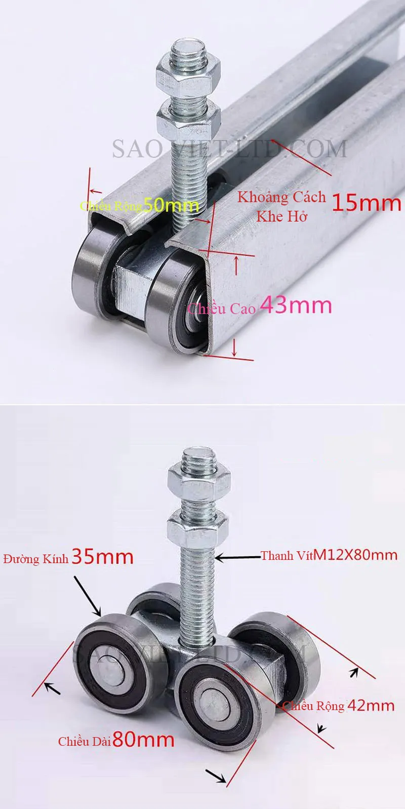 Kích thước chi tiết thanh ray và bi treo