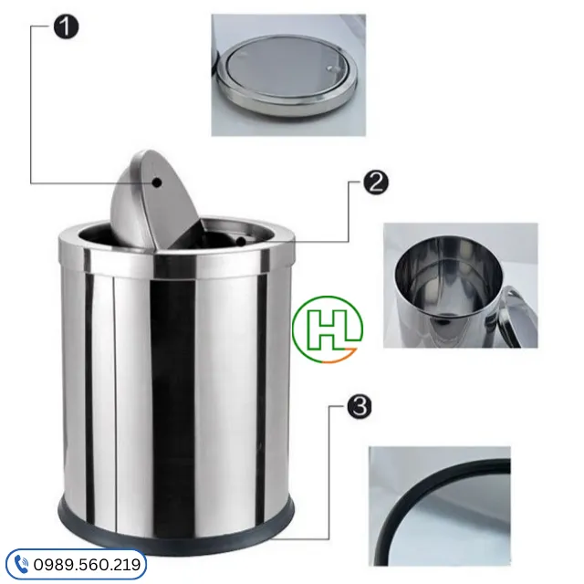 Đế cao su giúp thùng rác inox nắp lật ổn định và bảo vệ sàn nhà